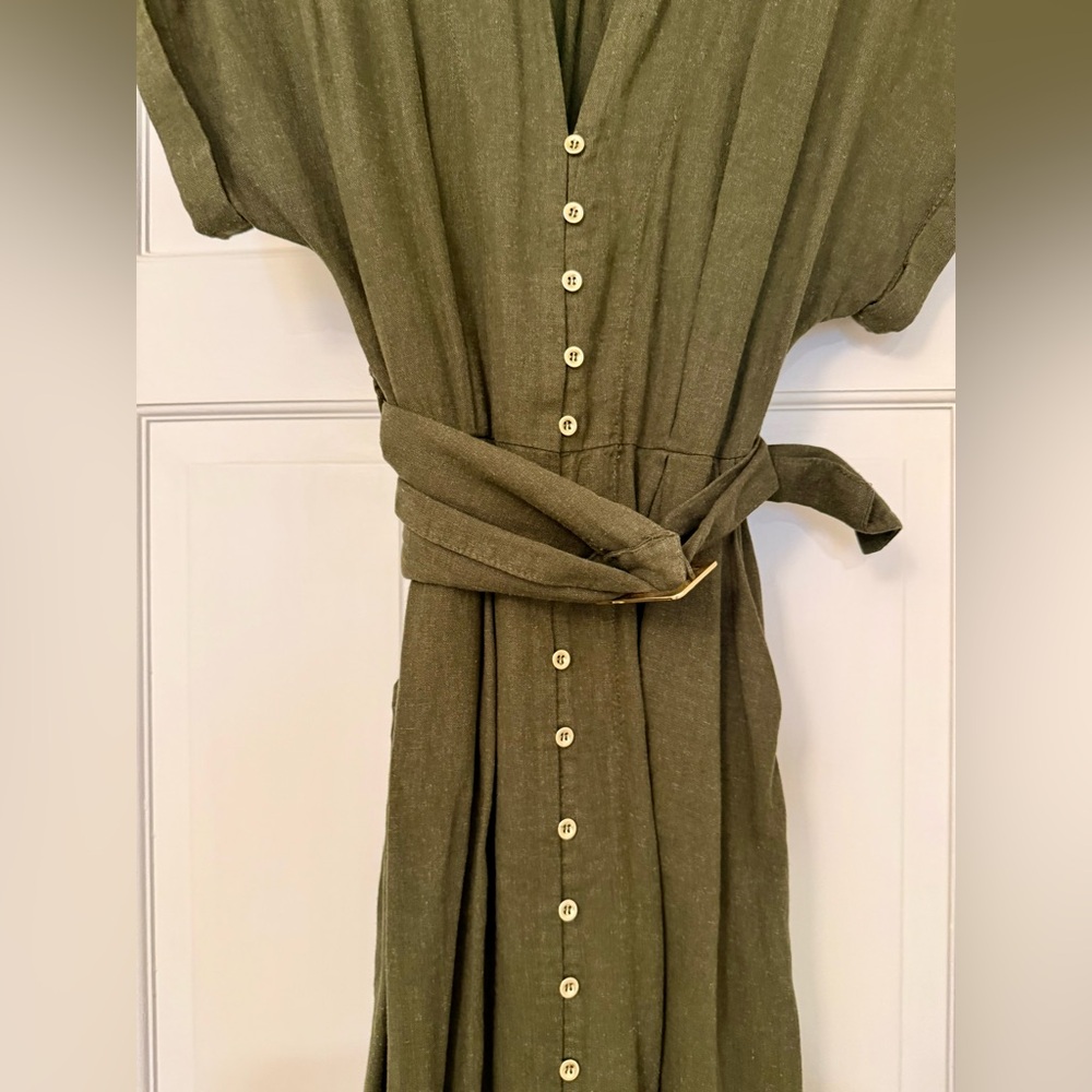 ZARA Olive Green Midi Shirt Dress with Button Front and Tie Belt Size XS - Picture 2 of 6